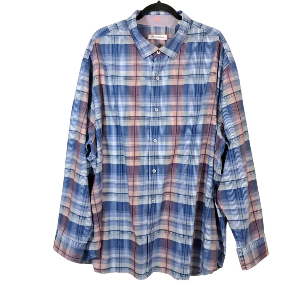Tommy Bahama Button Up Shirt Puerto Prism Blue‎ Pink Plaid Flip Cuff L/S 2XL XXL